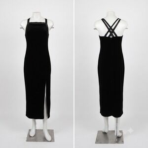 Vintage‎ CDC Petites Black Velvet Midi Dress Crisscross Back Y2K 90s Minimalist